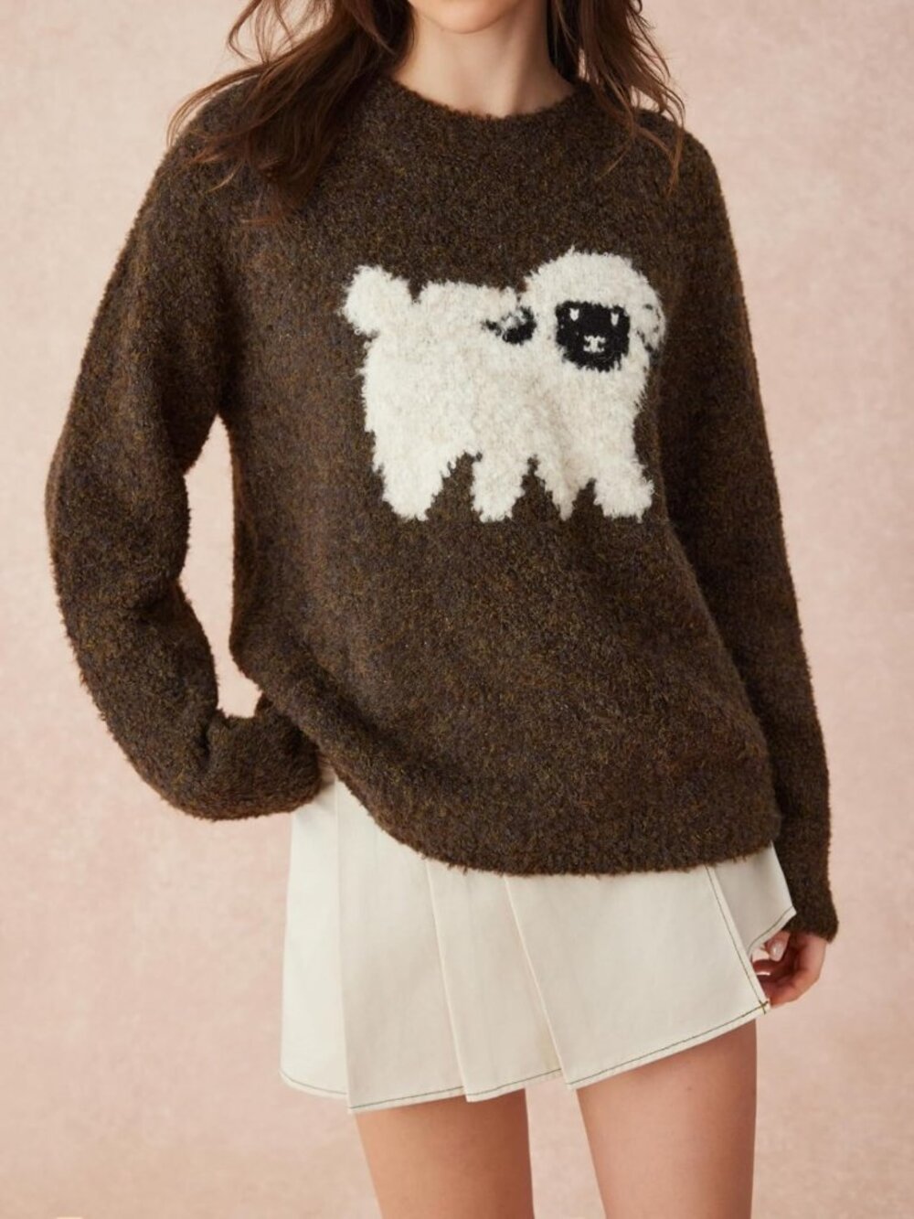 Cozy Oversized Wool Blend Sweater for Women | Cute Sheep Pattern Pullover - Picture 7 of 8
